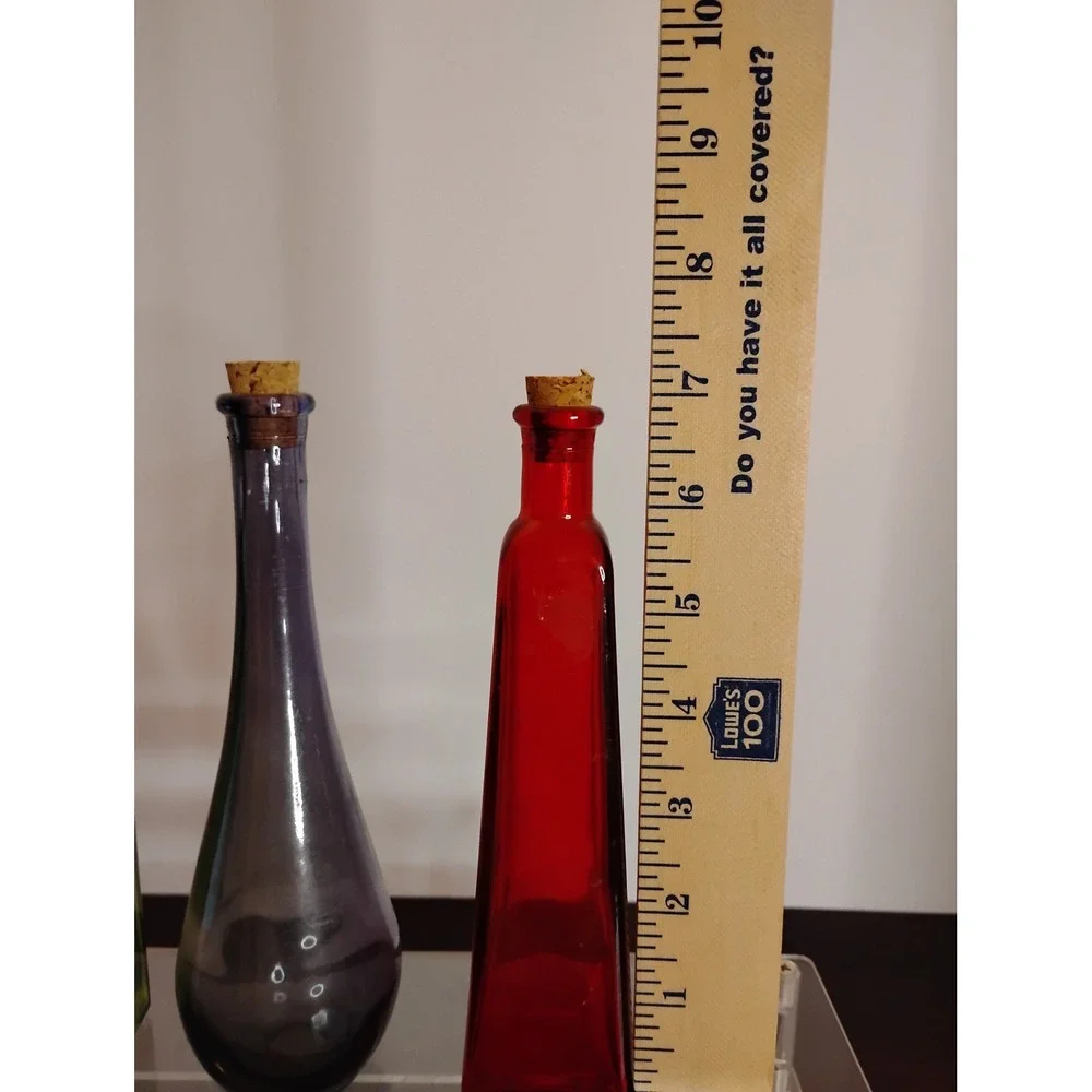 Vintage Style Colored Glass Bottles Set of 3 Jewel Tone Decorative Cork Vases